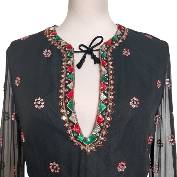 Marina Beaded Sequin Silk Sheer Blouse Black Y2K Whimsigoth Size S / M - Picture 6 of 11
